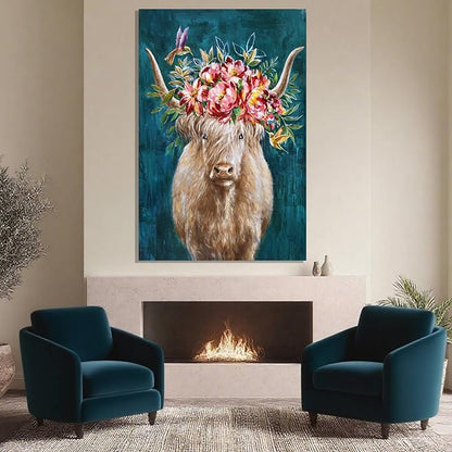 ZENPEE Abstract Modern Animal Wall Decor, Blue Highland Cow Wall Art, Rustic Farmhouse Canvas Decoration for Living Room or Bedroom, 32" x 48"