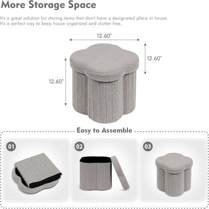 B FSOBEIIALEO Storage Ottoman Cube, Flowers Shaped Ottomans with Storage Foot Stool Footrest for Lving Room, Boucle Ottoman Seat for Dorm Room,Faux Teddy Fur, Grey 12.6"x12.6"x12.6"