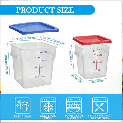 Lallisa 4 Pcs 8 Qt and 4 Qt Clear Food Storage Containers with Lids, Handles and Scales, Commercial Grade Square Containers Polycarbonate Air Tight for Home Storage Kitchen Restaurant(Red, Blue)