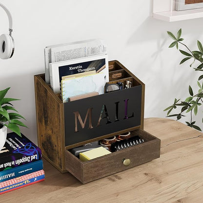 YINMIT Mail Organizer Countertop with 3 Compartments and Drawer, Mail Holder for Desk, Mail Sorter, Mail Organizer Wall Mounted, Countertop Desk Office Accessories Organizer for File Paper Folder