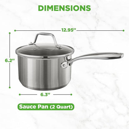 NutriChef 2 Quart Stainless Steel Saucepan with Lid - Heavy Duty Pot with Ergonomic Handles, For All Cooktops