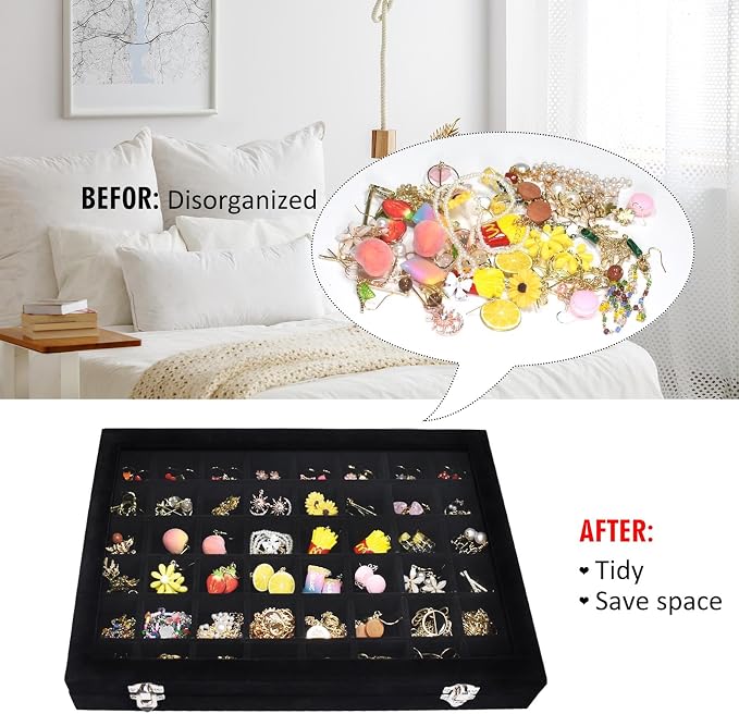 Vicoter Velvet Jewelry Tray 48 Compartments Jewelry Display Organizer with Transparent Cover Rings, Earrings, Necklaces, Pendants Storage Box for Girls, Wives, Mothers, Women