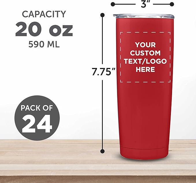 Custom Pipette Stainless Steel Coffee Tumblers 20 oz. Set of 24, Personalized Bulk Pack - Double Wall, Perfect for Coffee, Hot Cocoa, Other Hot & Cold Beverages - Red