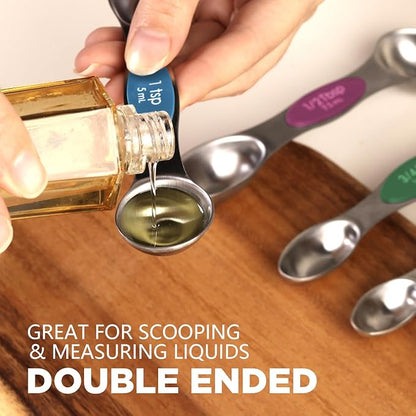 ChefAide Pack of 8 Stainless Steel Magnetic Measuring Spoons Set, Dual Sided, Stackable, Adjustable Teaspoon and Tablespoon Measure Spoon with Leveler, Kitchen Gadgets
