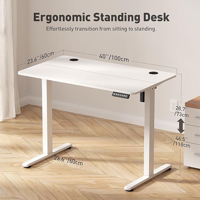 40" Electric Standing Desk Adjustable Height, Ergonomic Sit Stand Computer Desk for Home Office, Sturdy Motorized Workstation with Memory Controller & Timer, White
