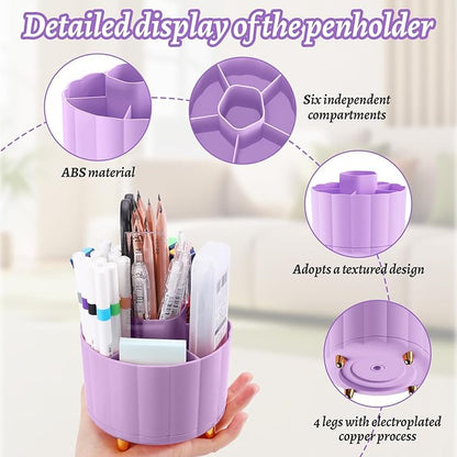 Purple Desk Decor Organizer 360 Rotating, 6 Slots Pen Cup Holder for Office, Classroom & Home, Cute Office Supplies, Cubicle Decor, Rotating Art Supply Storage (4.9 Inches)