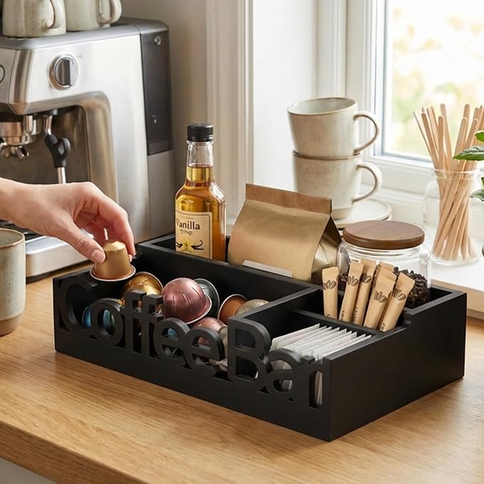 Coffee Bar Organizer for Countertop – Wooden Coffee Caddy with Compartments for Pods, Sugar Packets, and Accessories – Coffee Condiment Station Storage for Home and Office (Black)