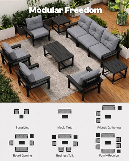 HDPE Patio Sofa Set, 3-Piece Sectional Outdoor Patio Furniture Set, All Weather Outdoor Couch Set with Grey Washable Thick Cushions for Lawn, Garden, Deck, Balcony, Porch(Black Frame)