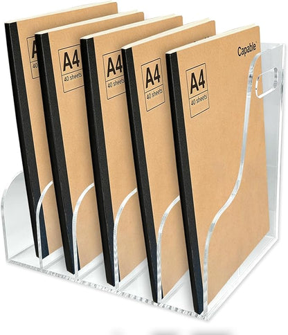 5-Tier Clear Acrylic File Holder, Vertical Document Organizer for Magazines, Binders, Notebooks & Envelopes - Multi-Purpose Desk Storage for Home Office（A4,5 Sections）