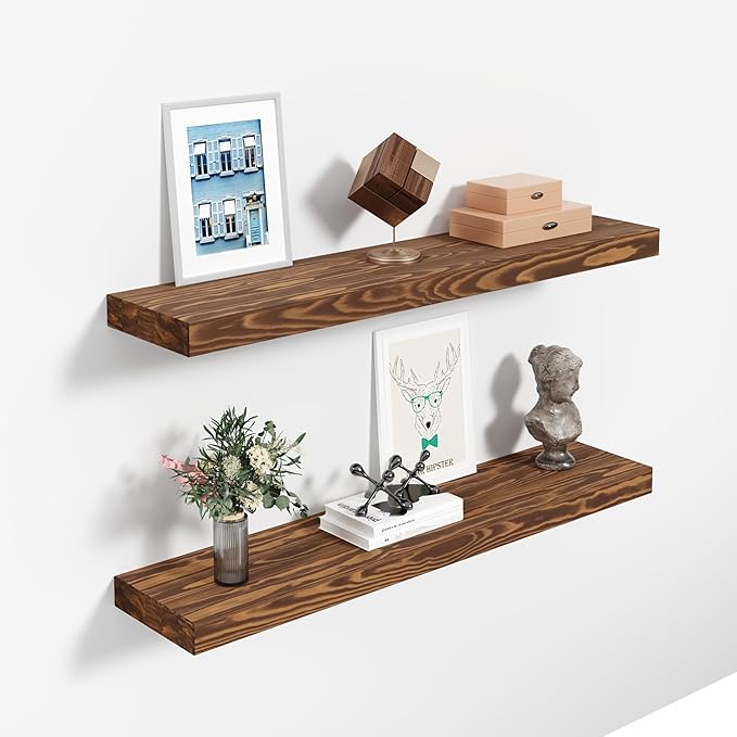 Howizz 24'' Pine Wood Floating Shelves for Wall- Set of 2 - Rustic Wall Mounted Wooden Shelf for Stylish Home Décor (Light Walnut, 24x6.5x1.25), 2pcs
