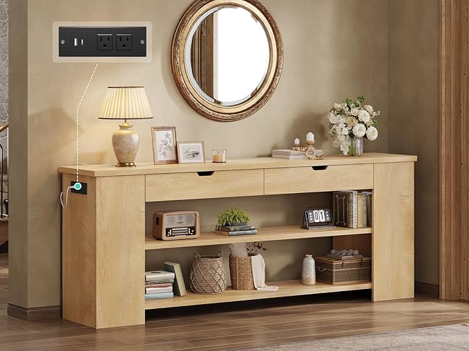 71.8" Extra Long Console Table, Farmhouse Entryway Table Behind Couch with Generous Storage and Built-in Outlet, Sturdy Sofa Table for Living Room, Entrance, Hallway, Foyer, Natural Wood