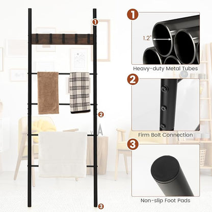 S AFSTAR Wall Leaning Blanket Ladder, 5-Tier Ladder Shelf with 5 Removable Hooks, Industrial Blanket Holder Rack, Drying and Display Rack for Bathroom, Living Room, Entrance, Rustic Brown
