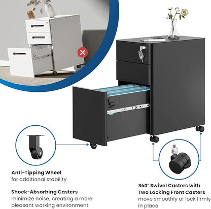 Mount-It! Slim Rolling Under Desk Cabinet, Mobile Filing Cabinet with 3 Drawers and Lock for Home & Office Storage, Black