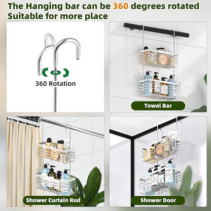 YUOROS Shower Caddy Hanging, 2 Tier Over the Door Shower Organizer Rack 304 Stainless Steel Rustproof Bathroom Storage Shampoo Holder Basket (Silver)
