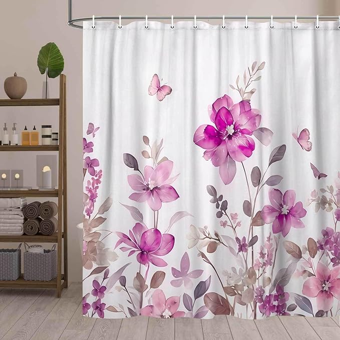 Pink Floral Shower Curtain, Pink Lavender Floral Butterfly Boho Shower Curtains for Bathroom, Farmhous Flower Cute Fabric Shower Curtain Set with 12PCS Hooks, 70X85IN