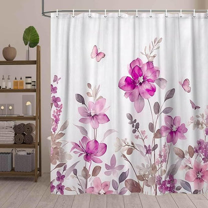 Pink Floral Shower Curtain, Pink Lavender Floral Butterfly Boho Shower Curtains for Bathroom, Farmhous Flower Cute Fabric Shower Curtain Set with 12PCS Hooks, 70X85IN