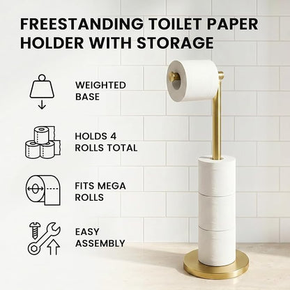 Cesun Extra Weighted Base Toilet Paper Holder Stand - SUS304 Rust Proof Free Standing Tissue Roll Holder for 4 Rolls, No Tipping, No Slipping, Gold