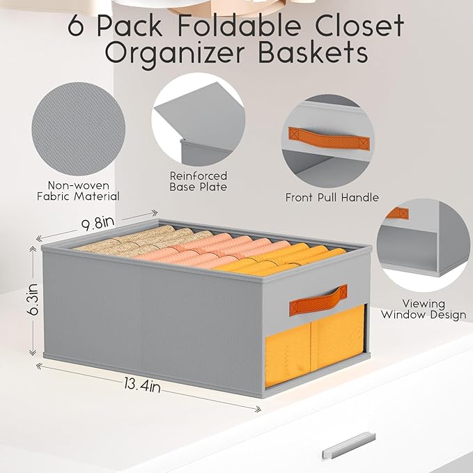 Homsorout Drawer Organizers and Storage - 6 Pack Foldable Pants Organizer with Clear Window & Handles, Fabric Closet Organizer for Clothes, Jeans, Sweaters, Towels, T-shirt, Scarf (Grey)