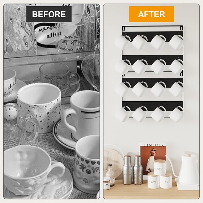 IBUYKE Mug Racks for Wall,Set of 3, 24-Hook Large Coffee Mug Holder Wall Mounted, Rustic Wood Coffee Mug Rack Display Organizer for Kitchen, Home,Bar,Black TBJ005B-3