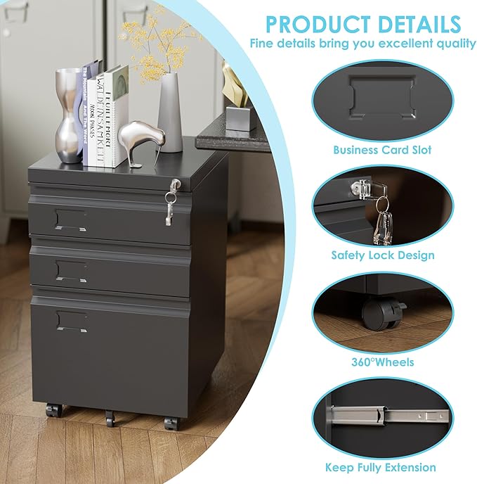 Aobabo 3 Drawer File Cabinet with Lock,Small Filing Cabinet Under Desk for Home Office Organizer Letters/Legal/A4,Required Assembly,Black