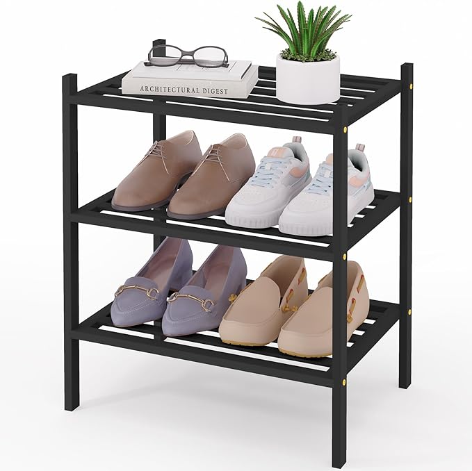 Smiry Small Bamboo Shoe Rack 3-Tier, Stackable Wooden Shoe Organizer for Entryway & Closet, Free Standing Wood Shoe Storage Shelf for Front Door & Small Spaces, Black