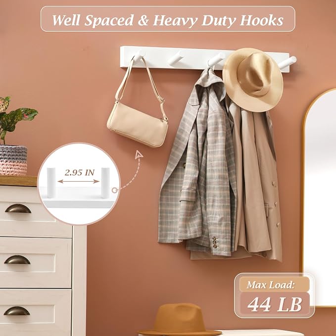 Coat Rack Wall Mount, Wooden Coat Hanger with 5 Hooks, Heavy Duty, White, 1 Pcs