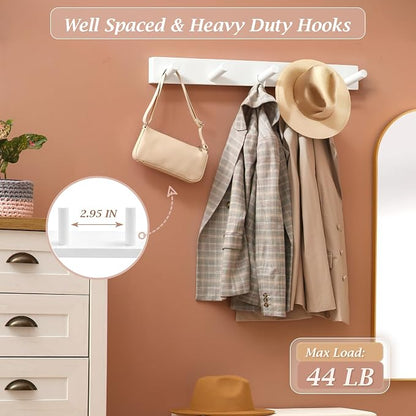 Coat Rack Wall Mount, Wooden Coat Hanger with 5 Hooks, Heavy Duty, White, 1 Pcs