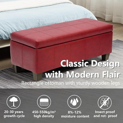 41" Storage Ottoman, Storage Bench with Safety Hinge, Upholstered Synthetic Leather Ottoman Bench for Bedroom, Living Room, Entryway, Hallway, Foot Rest, Support 500lbs