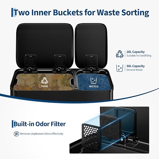 Dual Kitchen Trash Can 13.2 + 5.2 Gal (50+20L) Stainless Steel Trash Cans with Soft Close Lid Large Double Garbage and Recycling Bin with 2 Removable Inner Buckets Step-on Metal Garbage Cans Black