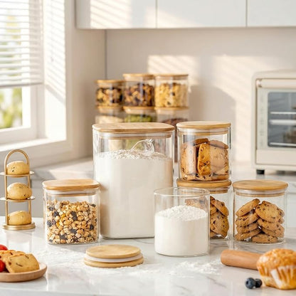 Extra Large Square Glass Flour & Sugar Storage Containers with Airtight Lids, 168oz & 84oz - 2 Pack Glass Jars with Bamboo Lids, Air tight Pantry Food Storage Containers for Cereal, Pasta, Rice