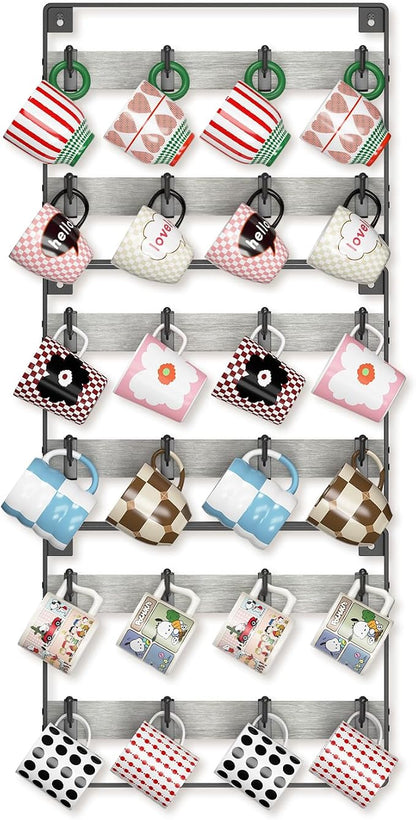 EsLuker.ly Mug Holder Hanger Rack Wall Mounted Wooden 3 Pack Coffee Cup Storage Organizer Display Shelf with 24 Movable Plastic Hooks, Ideal for Mug Collectors, Light Grey-Black