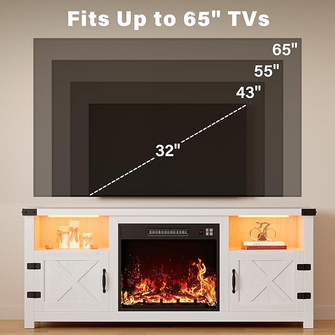 YESHOMY LED Fireplace TV Stand with Mood Lighting, TV Cabinet with Open Shelf, Farmhouse Media Console with Hidden Cable Routing, Entertainment Center for Televisions up to 65+ Inch, White