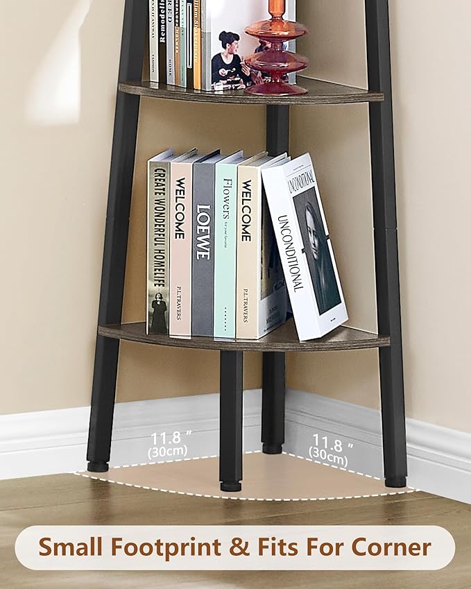 Hoctieon Corner Shelf, 5-Tier Corner Bookshelf, Rustic Ladder Shelf, Industrial Display Stand for Living Room, Kitchen, Home Office, Balcony, Small Space, Metal Frame, Grey