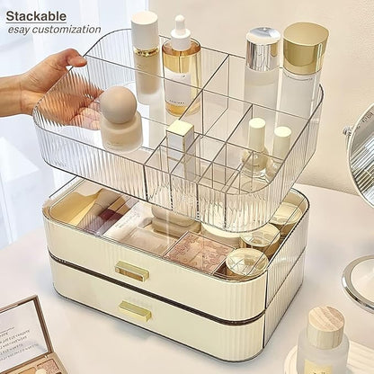 Makeup Organizer With Stackable Drawer, Cosmetic Storage Display Case for Vanity, Bathroom Countertop or Dresser,Counter top Holder for Lipstick, Brushes, Lotions, Eyeshadow, Nail Polish