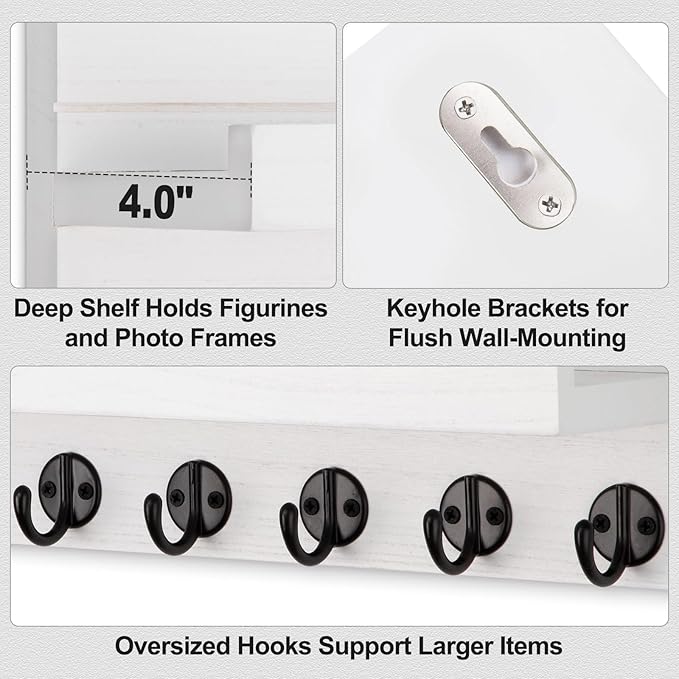 Key Holder Wall Mount, Entryway Key and Mail Holder with 7 Sturdy Hooks for Sunglasses, Dog Leash, Decorative Wall Shelf with Mounting Hardware, 15”W x 6.7”H x 4.2”D (White)