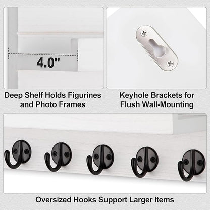 Key Holder Wall Mount, Entryway Key and Mail Holder with 7 Sturdy Hooks for Sunglasses, Dog Leash, Decorative Wall Shelf with Mounting Hardware, 15”W x 6.7”H x 4.2”D (White)