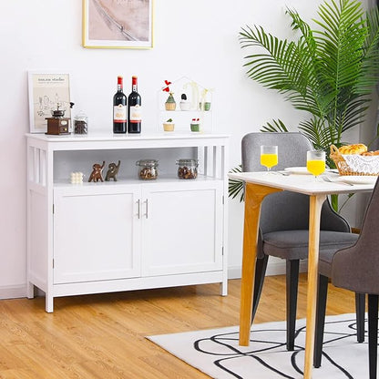 Giantex Kitchen Buffet Sideboard, Wooden Storage Server Cupboard Cabinet, Dining Room Living Room Bar Furniture 2-Door Console Table w/ 5-Position Adjustable Shelf & Open Shelf Drawer Cabinets (White)