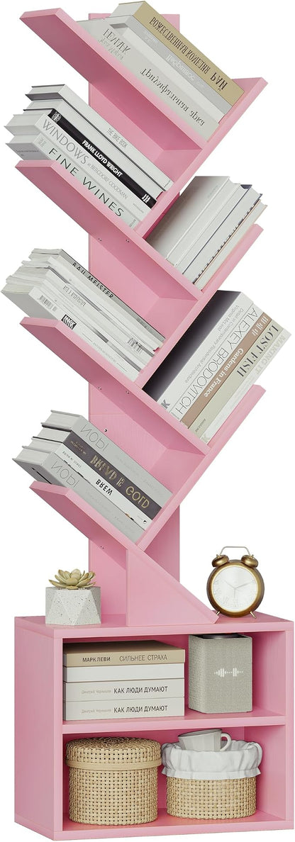 SUNMORY 6 Tier Tree Bookshelf, Small Bookcase with Storage Cabinet, Modern Tall Narrow Bookshelves Organizer, Floor Standing Book Shelf for Bedroom/Living Room/Home Office/Corner, Pink