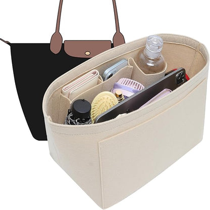 Doxo Felt Purse Organizer Insert,Handbag Organizer Compatible with Longchamp Le-pliage Large and More, Long Champ Bag Organizer Keeps Tote Handbags Shaped & Neat (Beige,Large)