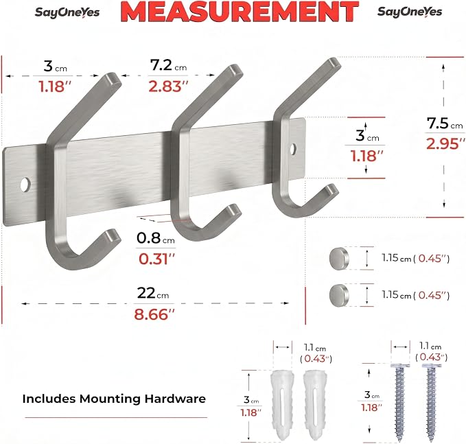 Small Coat Rack Wall Mount – Brushed Nickel 9 Inch Stainless Steel Hook Rail with 3 Heavy Duty Double Coat Hooks – Wall Mounted Coat Hanger for Entryway, Bathroom, Bedroom, Hat Organizer - 2 Pack