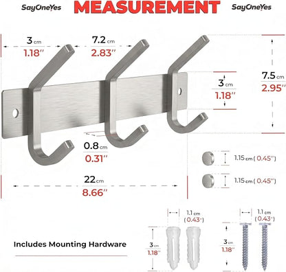 Small Coat Rack Wall Mount – Brushed Nickel 9 Inch Stainless Steel Hook Rail with 3 Heavy Duty Double Coat Hooks – Wall Mounted Coat Hanger for Entryway, Bathroom, Bedroom, Hat Organizer - 2 Pack
