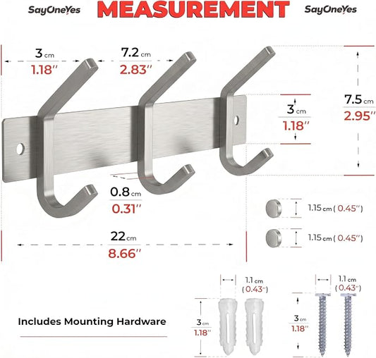 Small Coat Rack Wall Mount – Brushed Nickel 9 Inch Stainless Steel Hook Rail with 3 Heavy Duty Double Coat Hooks – Wall Mounted Coat Hanger for Entryway, Bathroom, Bedroom, Hat Organizer - 2 Pack