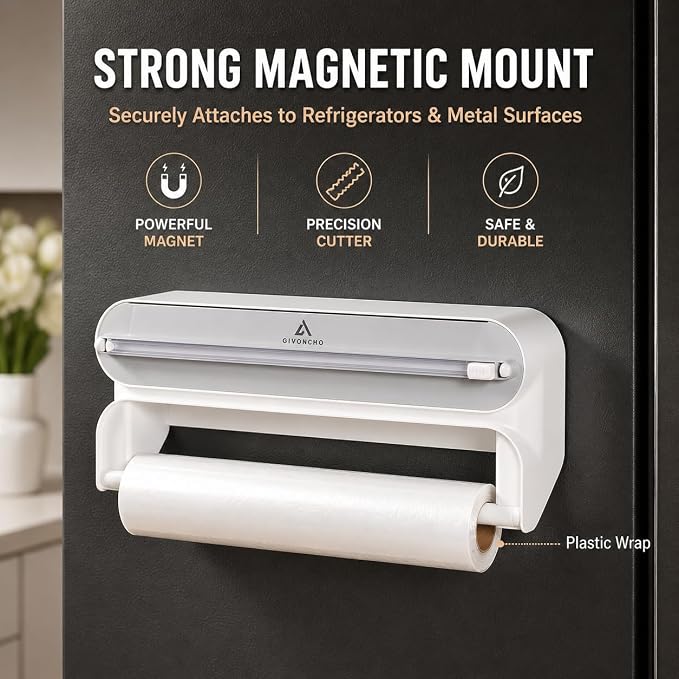 Magnetic Plastic Wrap Dispenser with Cutter, 2-in-1 Kitchen Wrap Organizer for Plastic Wrap, Cling Film & Aluminum Foil, Wall Mount Foil Dispenser (2 in 1)