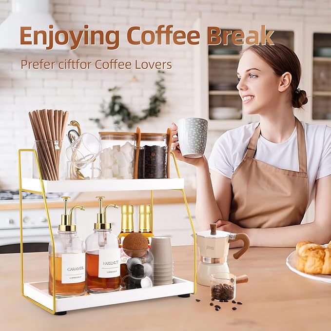 DWTS Coffee Bar Accessories,Coffee Station Organizer with Multi-Functional,CoffeeBar Decor for Accessories,2 Tier Wooden Shelf Gold Metal Station Organizer for Countertop,Syrup