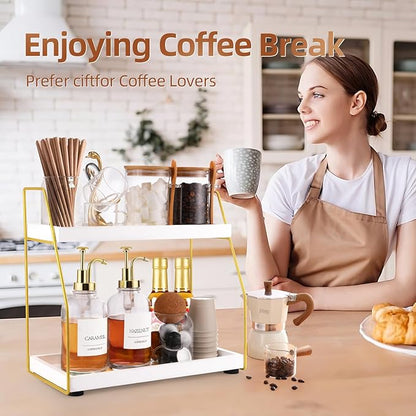 DWTS Coffee Bar Accessories,Coffee Station Organizer with Multi-Functional,CoffeeBar Decor for Accessories,2 Tier Wooden Shelf Gold Metal Station Organizer for Countertop,Syrup