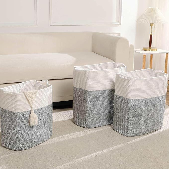 Tall Laundry Basket With Handles,Woven Cotton Rope Big Laundry Hamper Sorters,Versatile Storage for Dirty Clothes,Baby Toys,and Blankets in Bathroom, Nursery,and Living Room (Silver Gray, 80L)
