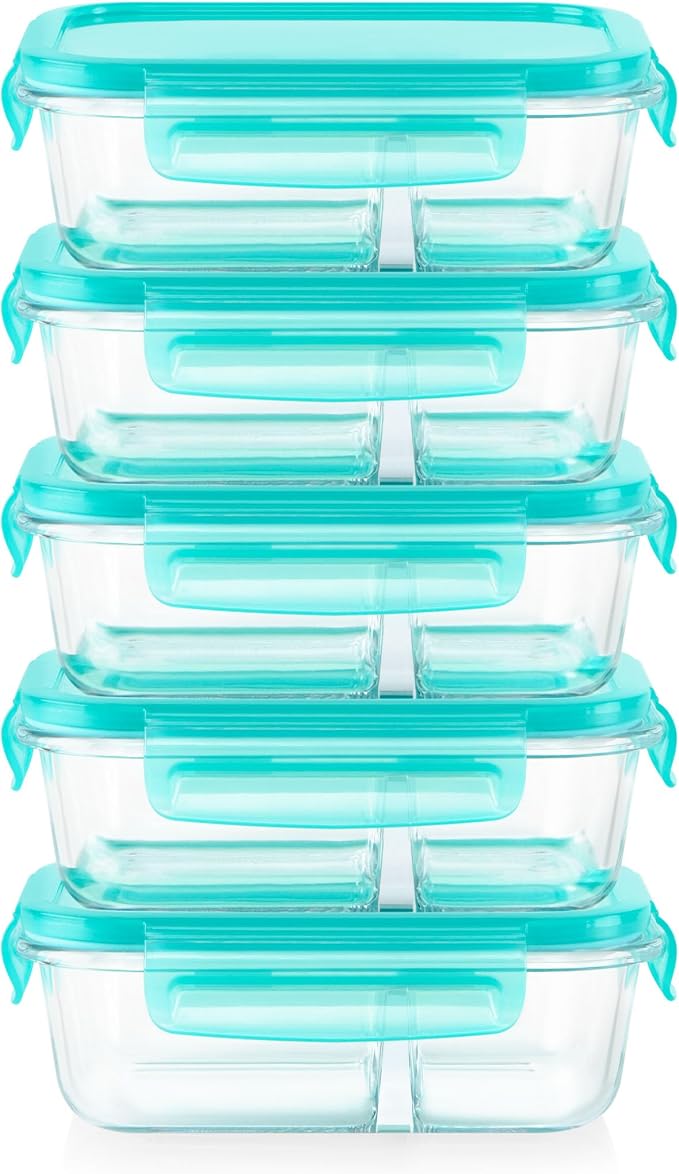 Pyrex Glass MealBox (5-Pack, 2.3 Cup) Divided Compartments with Locking Lids, For Meal Prepping and Portioning, BPA Free Microwave Dishwasher Safe