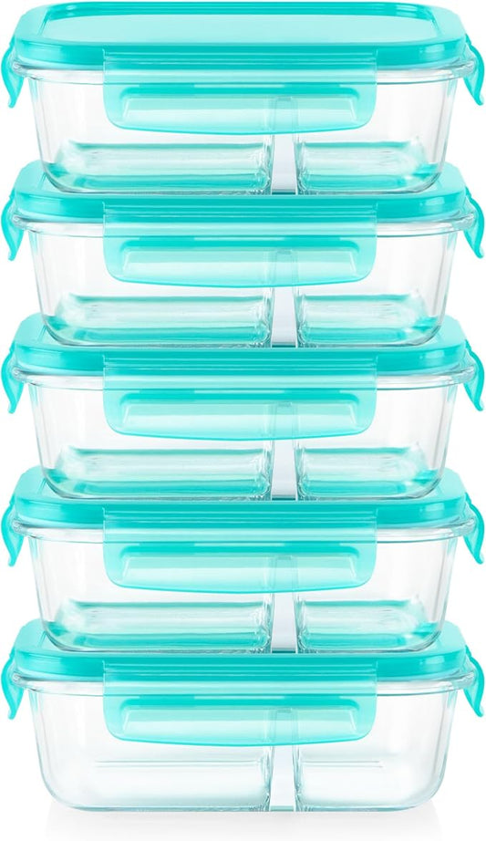 Pyrex Glass MealBox (5-Pack, 2.3 Cup) Divided Compartments with Locking Lids, For Meal Prepping and Portioning, BPA Free Microwave Dishwasher Safe