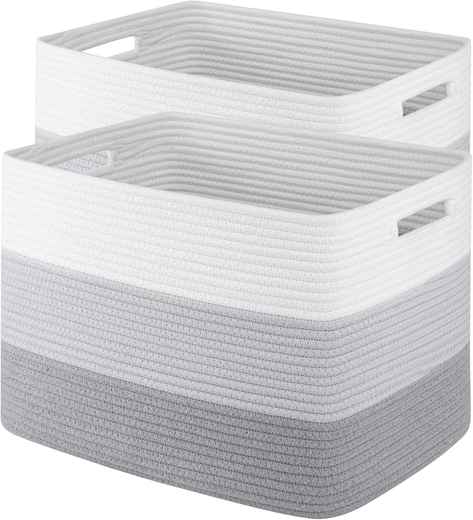 Woven Rectangle Baskets for Shelves, Closet, Toy & Laundry Storage - 2 Pack Gradient Grey