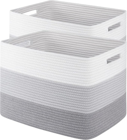 Woven Rectangle Baskets for Shelves, Closet, Toy & Laundry Storage - 2 Pack Gradient Grey